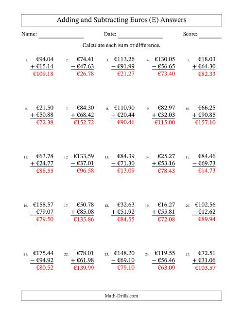 The Adding and Subtracting Euros With Amounts from 10.00 to 99.99 in Increments of One Euro Cent (E) Math Worksheet Page 2