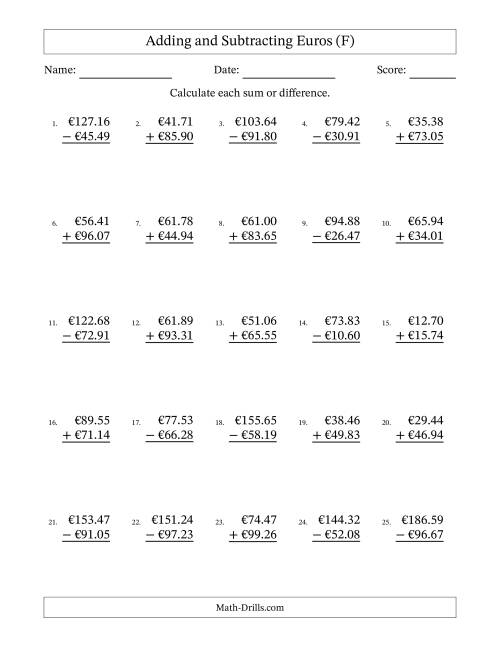 The Adding and Subtracting Euros With Amounts from 10.00 to 99.99 in Increments of One Euro Cent (F) Math Worksheet