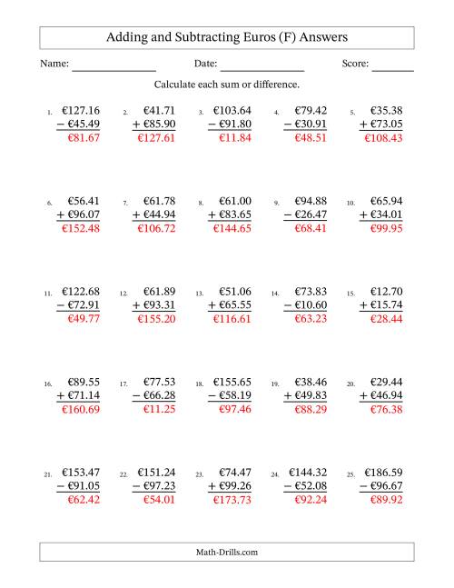 The Adding and Subtracting Euros With Amounts from 10.00 to 99.99 in Increments of One Euro Cent (F) Math Worksheet Page 2