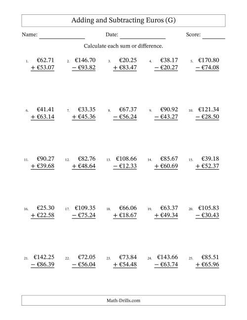 The Adding and Subtracting Euros With Amounts from 10.00 to 99.99 in Increments of One Euro Cent (G) Math Worksheet