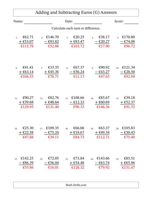 The Adding and Subtracting Euros With Amounts from 10.00 to 99.99 in Increments of One Euro Cent (G) Math Worksheet Page 2