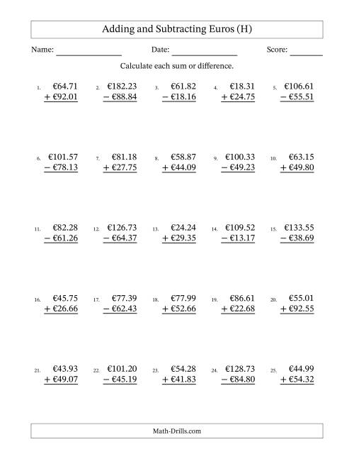 The Adding and Subtracting Euros With Amounts from 10.00 to 99.99 in Increments of One Euro Cent (H) Math Worksheet