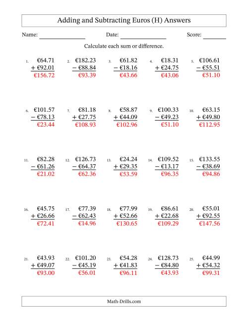 The Adding and Subtracting Euros With Amounts from 10.00 to 99.99 in Increments of One Euro Cent (H) Math Worksheet Page 2