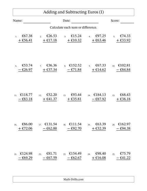 The Adding and Subtracting Euros With Amounts from 10.00 to 99.99 in Increments of One Euro Cent (I) Math Worksheet