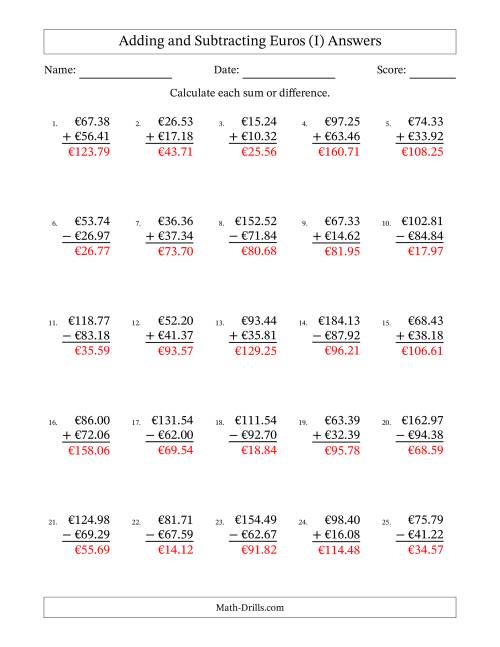 The Adding and Subtracting Euros With Amounts from 10.00 to 99.99 in Increments of One Euro Cent (I) Math Worksheet Page 2