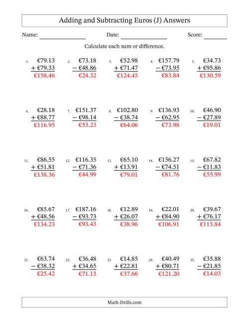 The Adding and Subtracting Euros With Amounts from 10.00 to 99.99 in Increments of One Euro Cent (J) Math Worksheet Page 2