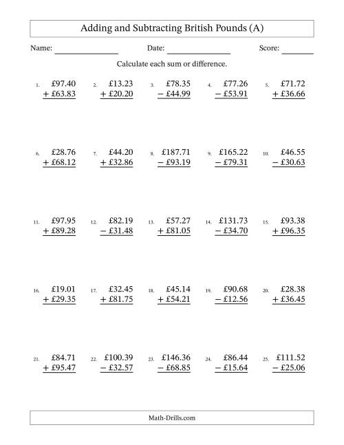 The Adding and Subtracting British Pounds With Amounts from 10.00 to 99.99 in Increments of One Pence (A) Math Worksheet