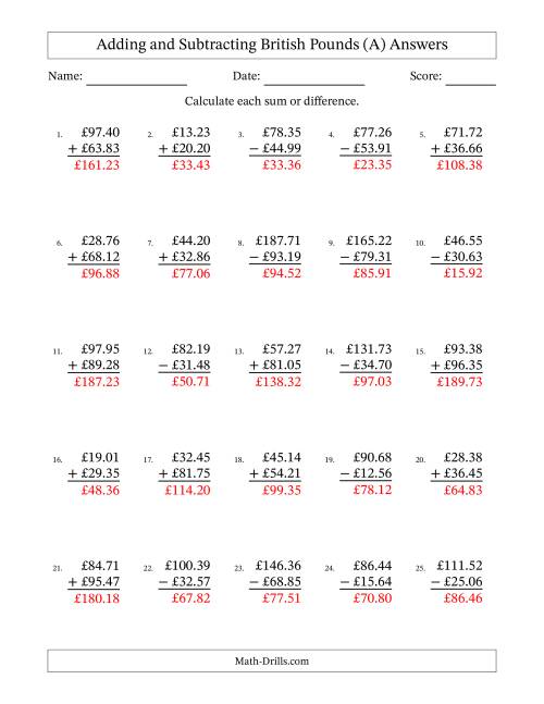 The Adding and Subtracting British Pounds With Amounts from 10.00 to 99.99 in Increments of One Pence (A) Math Worksheet Page 2