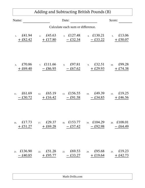 The Adding and Subtracting British Pounds With Amounts from 10.00 to 99.99 in Increments of One Pence (B) Math Worksheet