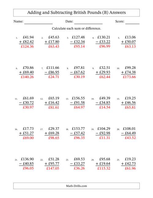 The Adding and Subtracting British Pounds With Amounts from 10.00 to 99.99 in Increments of One Pence (B) Math Worksheet Page 2