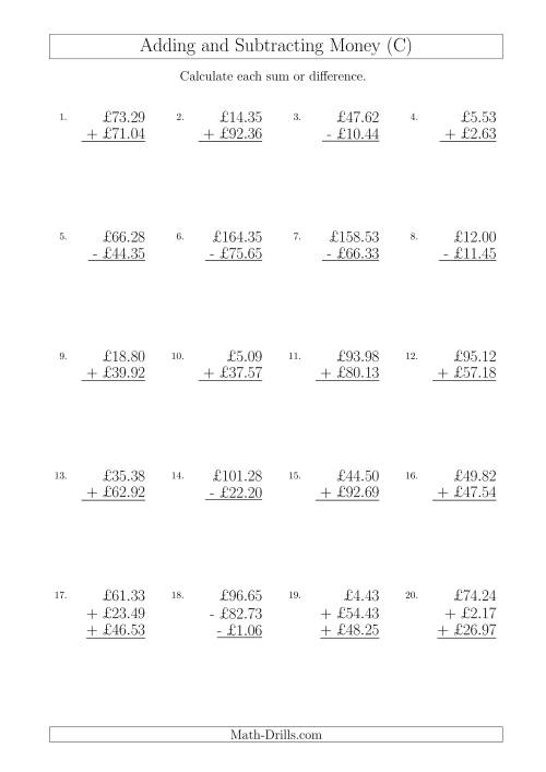 The Adding and Subtracting Pounds with Amounts up to £100 (C) Math Worksheet
