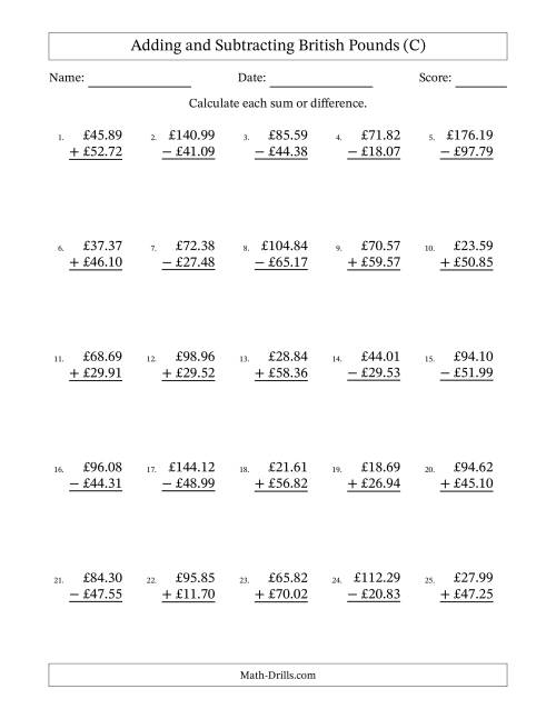 The Adding and Subtracting British Pounds With Amounts from 10.00 to 99.99 in Increments of One Pence (C) Math Worksheet