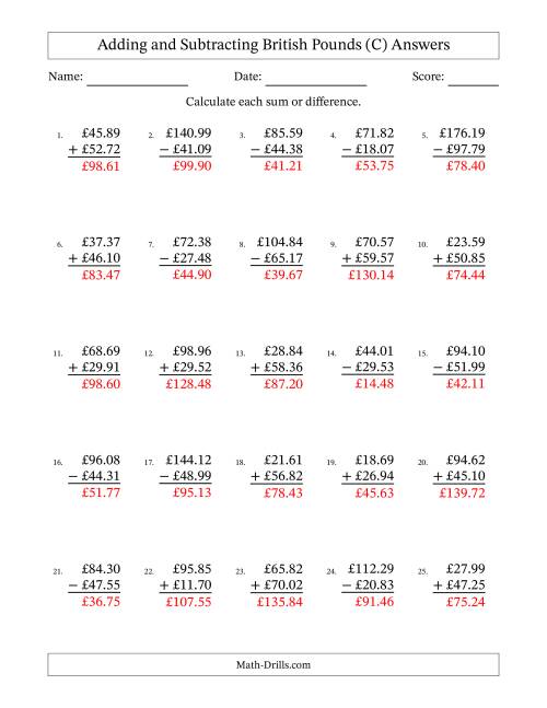 The Adding and Subtracting British Pounds With Amounts from 10.00 to 99.99 in Increments of One Pence (C) Math Worksheet Page 2