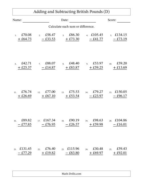 The Adding and Subtracting British Pounds With Amounts from 10.00 to 99.99 in Increments of One Pence (D) Math Worksheet