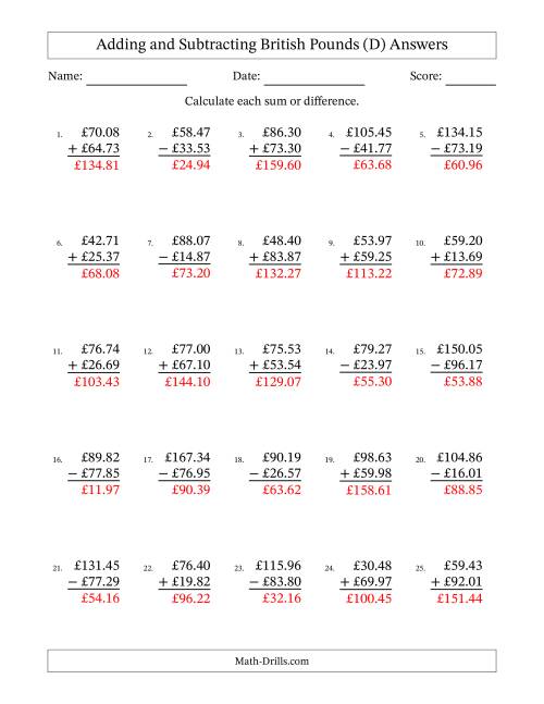 The Adding and Subtracting British Pounds With Amounts from 10.00 to 99.99 in Increments of One Pence (D) Math Worksheet Page 2