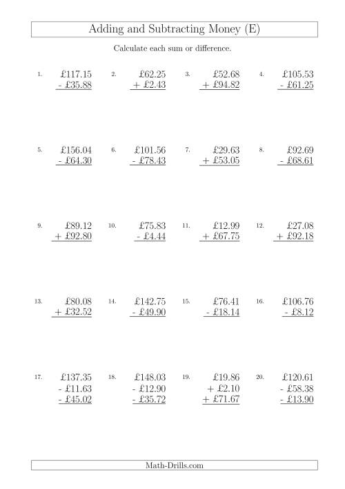 The Adding and Subtracting Pounds with Amounts up to £100 (E) Math Worksheet