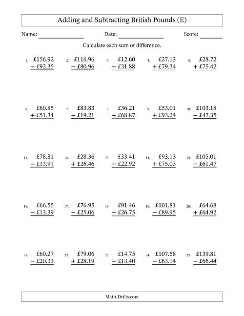 The Adding and Subtracting British Pounds With Amounts from 10.00 to 99.99 in Increments of One Pence (E) Math Worksheet