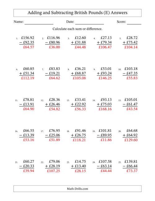 The Adding and Subtracting British Pounds With Amounts from 10.00 to 99.99 in Increments of One Pence (E) Math Worksheet Page 2