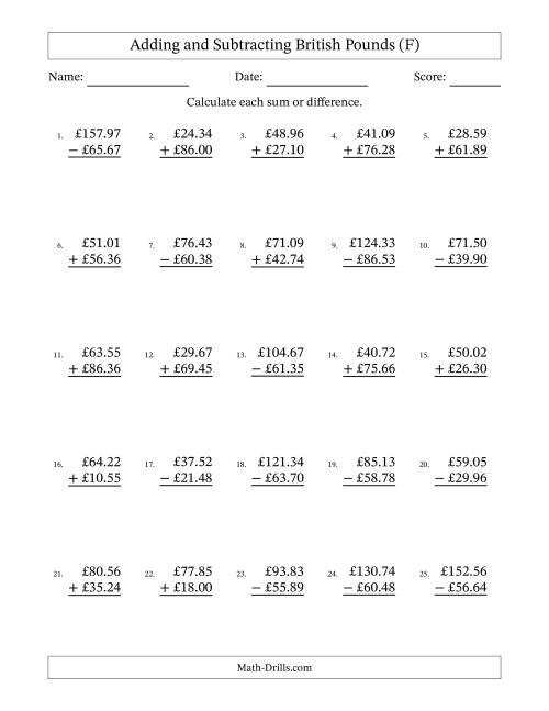 The Adding and Subtracting British Pounds With Amounts from 10.00 to 99.99 in Increments of One Pence (F) Math Worksheet