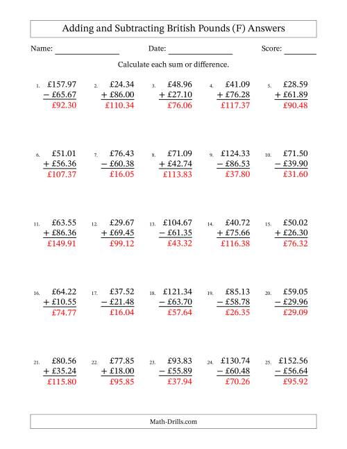 The Adding and Subtracting British Pounds With Amounts from 10.00 to 99.99 in Increments of One Pence (F) Math Worksheet Page 2