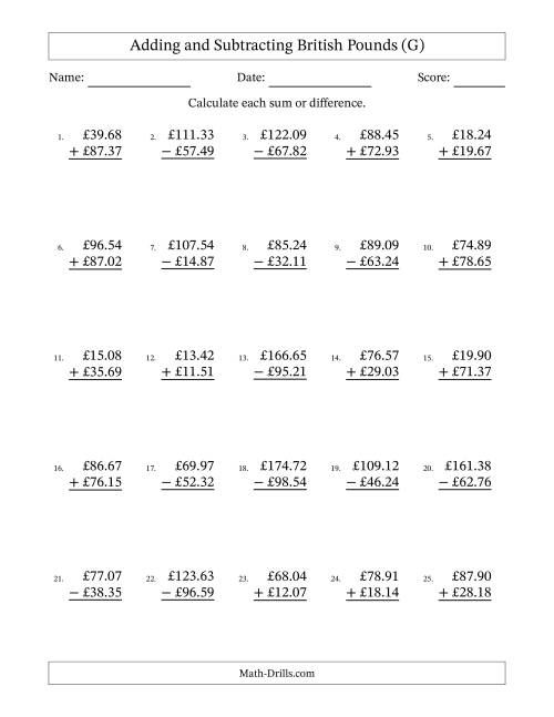 The Adding and Subtracting British Pounds With Amounts from 10.00 to 99.99 in Increments of One Pence (G) Math Worksheet