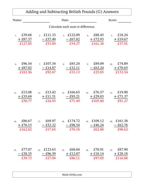 The Adding and Subtracting British Pounds With Amounts from 10.00 to 99.99 in Increments of One Pence (G) Math Worksheet Page 2