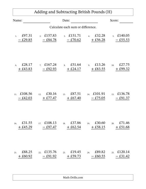 The Adding and Subtracting British Pounds With Amounts from 10.00 to 99.99 in Increments of One Pence (H) Math Worksheet