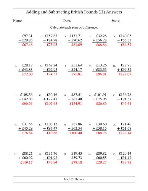 The Adding and Subtracting British Pounds With Amounts from 10.00 to 99.99 in Increments of One Pence (H) Math Worksheet Page 2