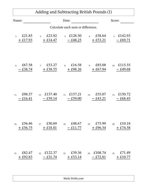 The Adding and Subtracting British Pounds With Amounts from 10.00 to 99.99 in Increments of One Pence (I) Math Worksheet