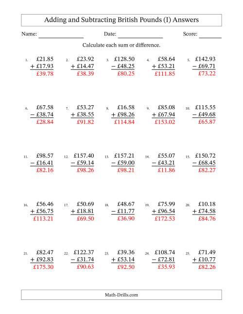 The Adding and Subtracting British Pounds With Amounts from 10.00 to 99.99 in Increments of One Pence (I) Math Worksheet Page 2