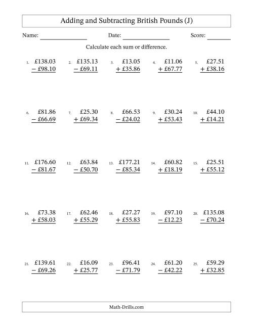 The Adding and Subtracting British Pounds With Amounts from 10.00 to 99.99 in Increments of One Pence (J) Math Worksheet