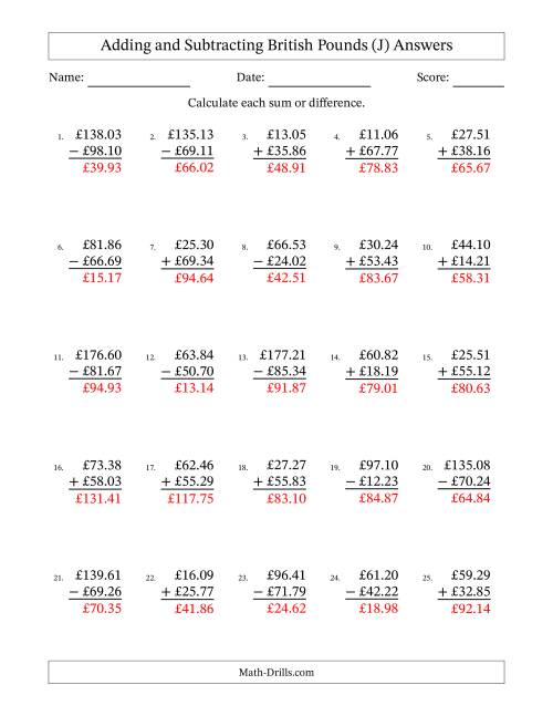 The Adding and Subtracting British Pounds With Amounts from 10.00 to 99.99 in Increments of One Pence (J) Math Worksheet Page 2