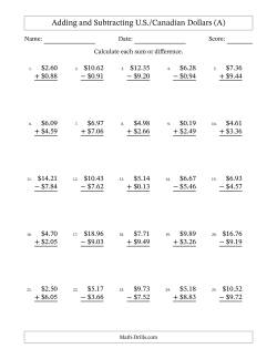 Adding and Subtracting U.S./Canadian Dollars With Amounts from 0.01 to 9.99 in Increments of One Cent