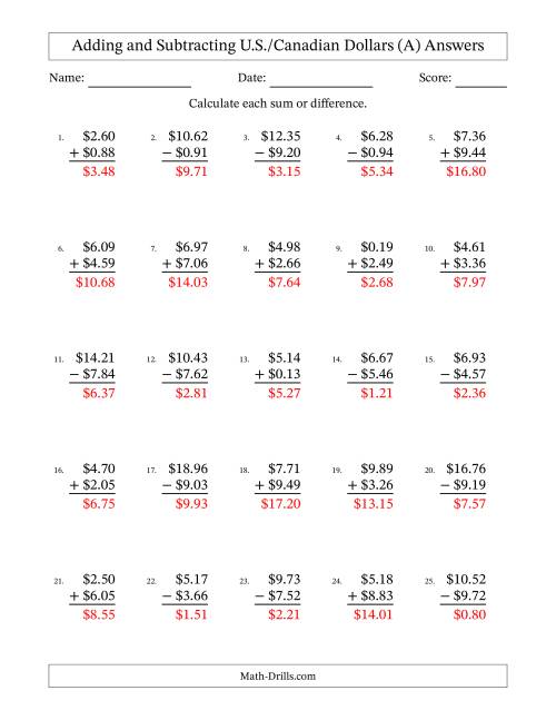 The Adding and Subtracting U.S./Canadian Dollars With Amounts from 0.01 to 9.99 in Increments of One Cent (A) Math Worksheet Page 2