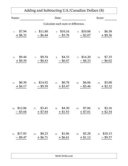 The Adding and Subtracting U.S./Canadian Dollars With Amounts from 0.01 to 9.99 in Increments of One Cent (B) Math Worksheet