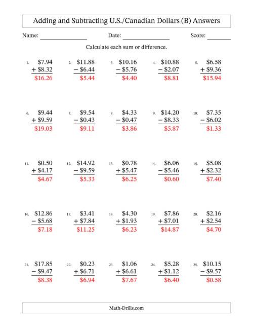 The Adding and Subtracting U.S./Canadian Dollars With Amounts from 0.01 to 9.99 in Increments of One Cent (B) Math Worksheet Page 2