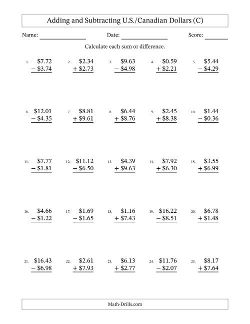 The Adding and Subtracting U.S./Canadian Dollars With Amounts from 0.01 to 9.99 in Increments of One Cent (C) Math Worksheet