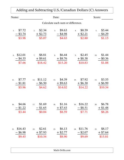 The Adding and Subtracting U.S./Canadian Dollars With Amounts from 0.01 to 9.99 in Increments of One Cent (C) Math Worksheet Page 2