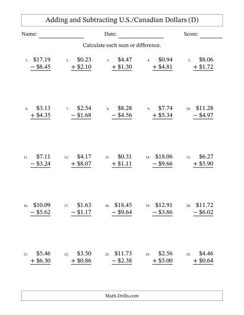 The Adding and Subtracting U.S./Canadian Dollars With Amounts from 0.01 to 9.99 in Increments of One Cent (D) Math Worksheet