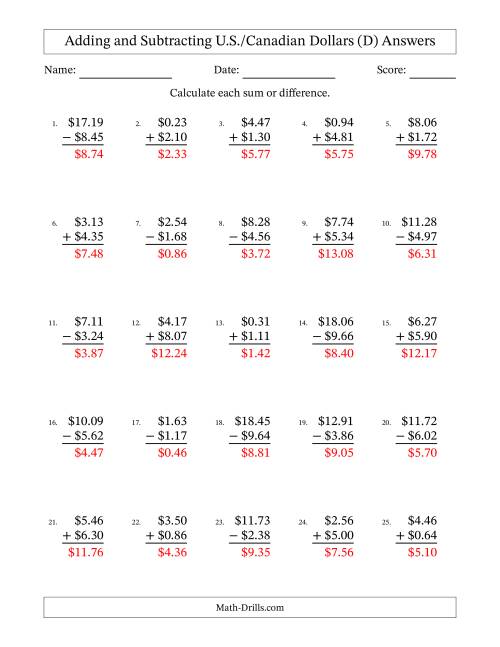 The Adding and Subtracting U.S./Canadian Dollars With Amounts from 0.01 to 9.99 in Increments of One Cent (D) Math Worksheet Page 2