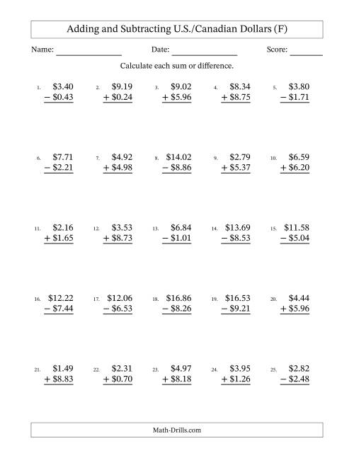 The Adding and Subtracting U.S./Canadian Dollars With Amounts from 0.01 to 9.99 in Increments of One Cent (F) Math Worksheet