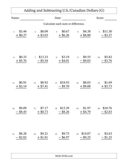 The Adding and Subtracting U.S./Canadian Dollars With Amounts from 0.01 to 9.99 in Increments of One Cent (G) Math Worksheet