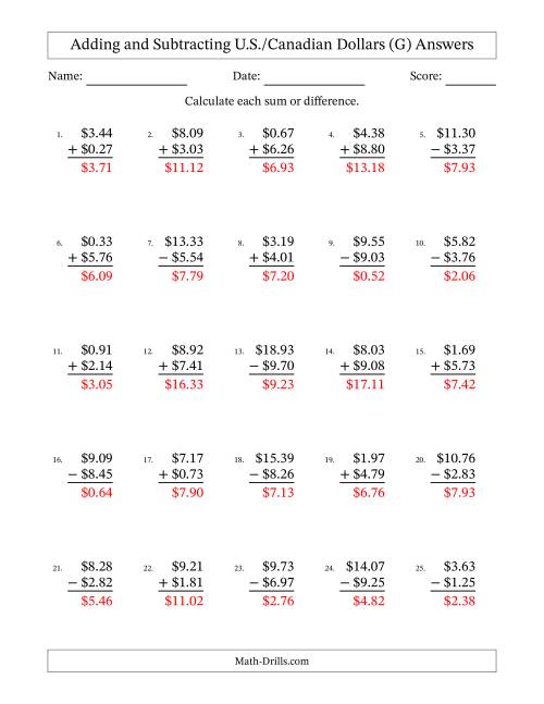 The Adding and Subtracting U.S./Canadian Dollars With Amounts from 0.01 to 9.99 in Increments of One Cent (G) Math Worksheet Page 2