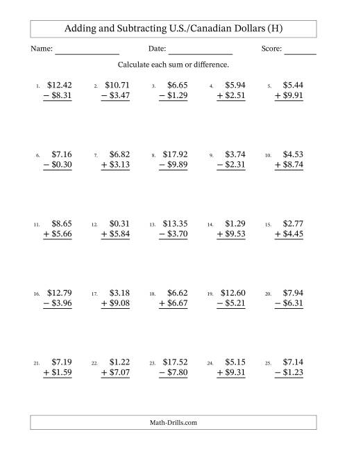 The Adding and Subtracting U.S./Canadian Dollars With Amounts from 0.01 to 9.99 in Increments of One Cent (H) Math Worksheet