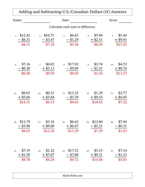 The Adding and Subtracting U.S./Canadian Dollars With Amounts from 0.01 to 9.99 in Increments of One Cent (H) Math Worksheet Page 2