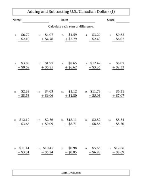 The Adding and Subtracting U.S./Canadian Dollars With Amounts from 0.01 to 9.99 in Increments of One Cent (I) Math Worksheet