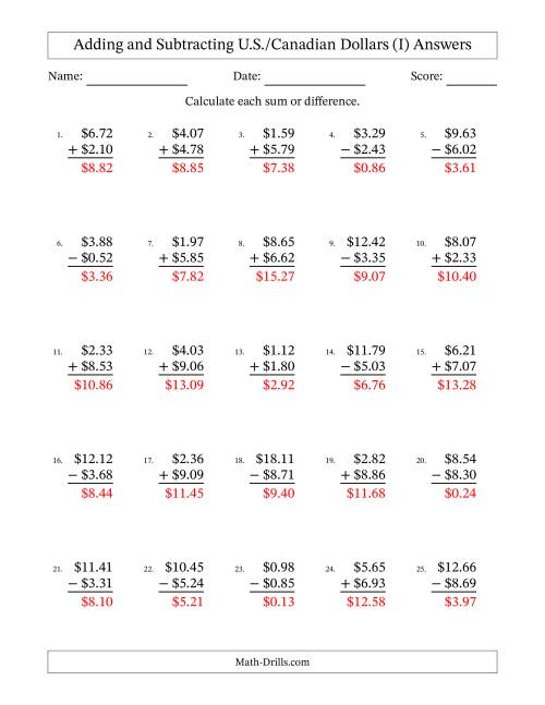 The Adding and Subtracting U.S./Canadian Dollars With Amounts from 0.01 to 9.99 in Increments of One Cent (I) Math Worksheet Page 2