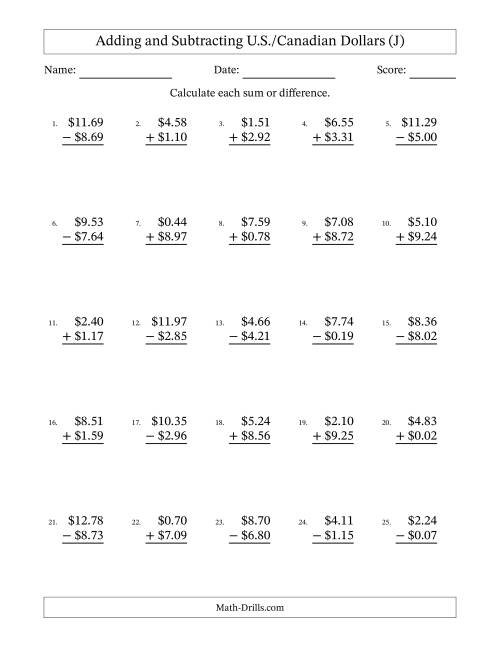 The Adding and Subtracting U.S./Canadian Dollars With Amounts from 0.01 to 9.99 in Increments of One Cent (J) Math Worksheet