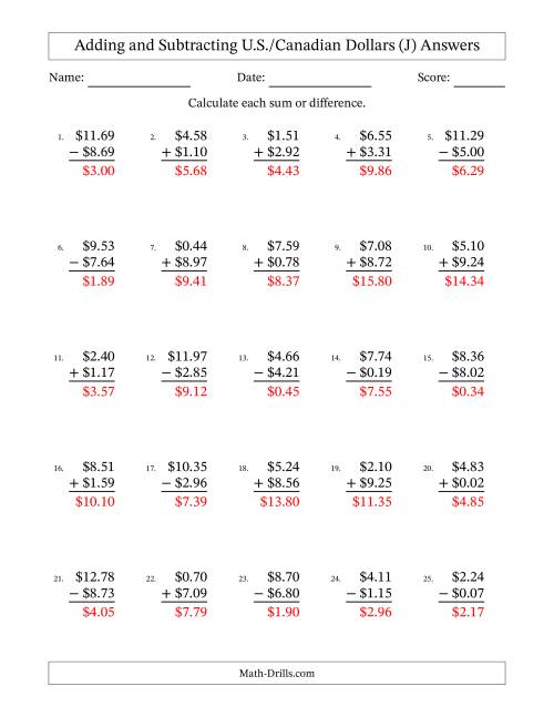 The Adding and Subtracting U.S./Canadian Dollars With Amounts from 0.01 to 9.99 in Increments of One Cent (J) Math Worksheet Page 2