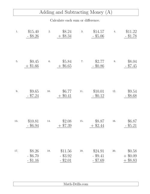The Adding and Subtracting Dollars with Amounts up to $10 (All) Math Worksheet